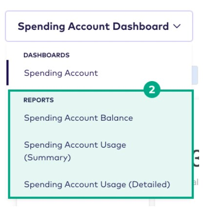 spending account dashboard dropdown reports options highlighted