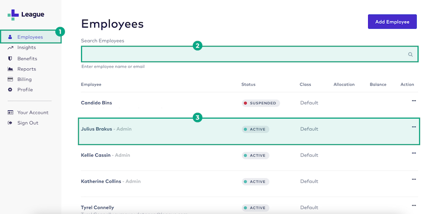 League's admin portal employees screen with the search field and an employee name highlighted