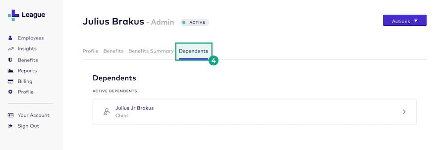 League's admin portal dependents tab highlighted in a specific employee's screen