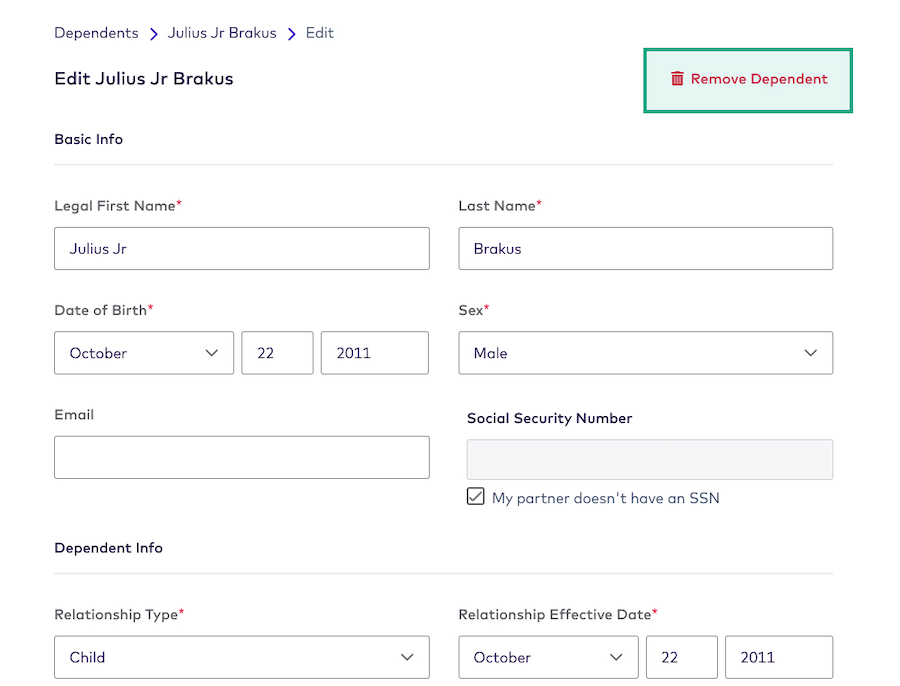 dependent details screen with remove dependent button highlighted