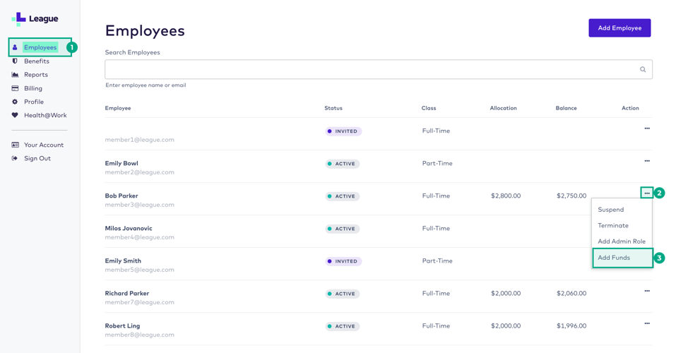 League's admin portal employees screen with the ellipsis and add funds buttons highlighted for one employee