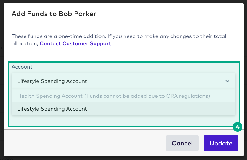 add funds to employee screen with account options highlighted