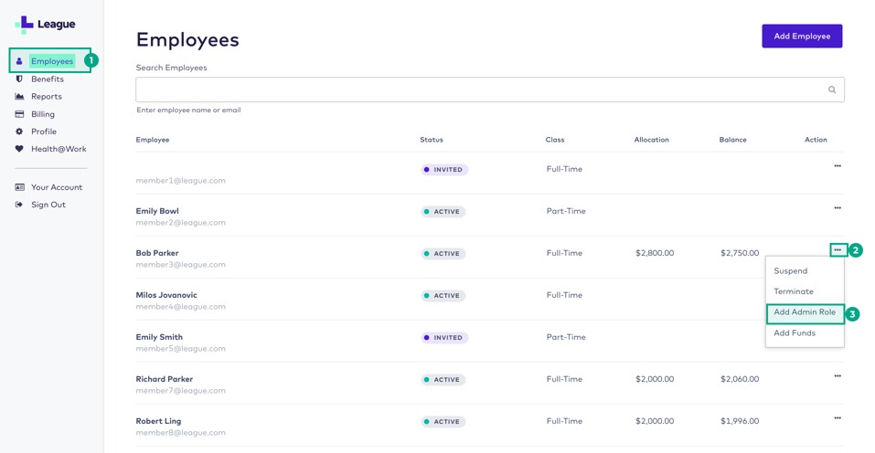 League's admin portal employees screen with the ellipsis and add admin role buttons highlighted for one employee