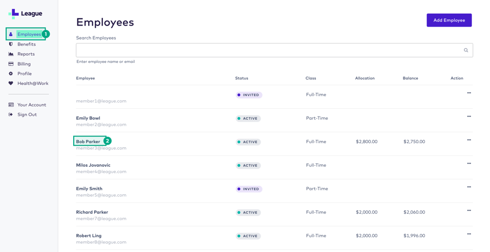 League's admin portal employees screen with employee name highlighted