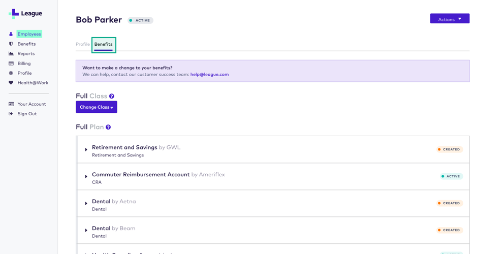 League's admin portal employee benefits screen