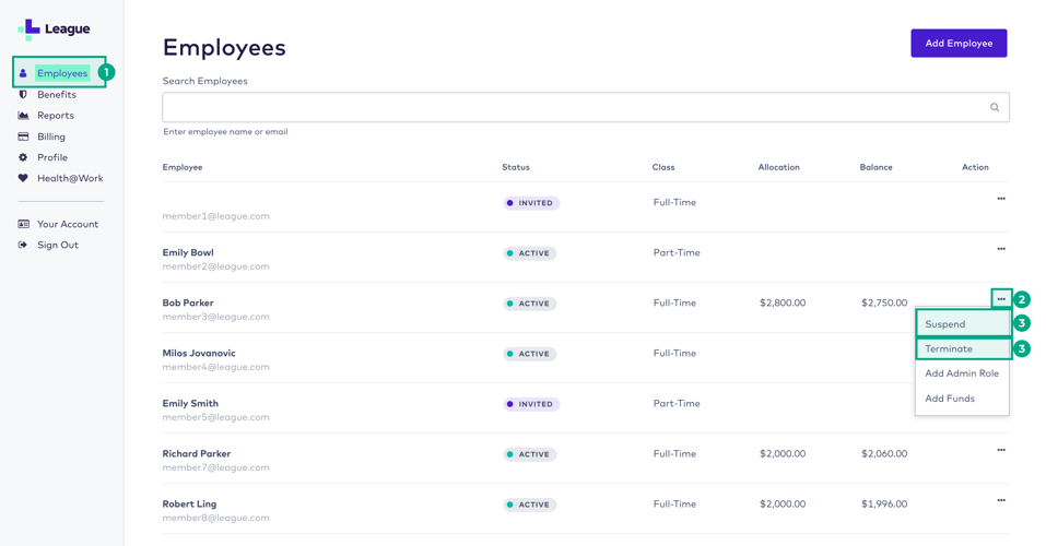 League's admin portal employees screen with the ellipsis, suspend and terminate buttons highlighted for one employee