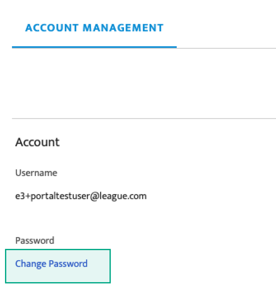 league's digital success portal account management screen with change password button highlighted