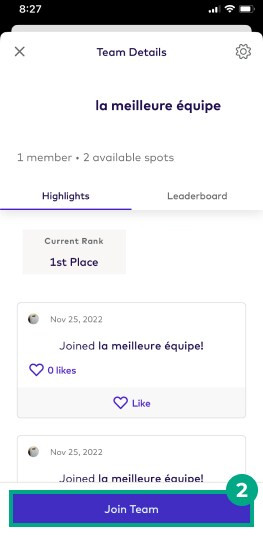 Team details screen with join team button highlighted