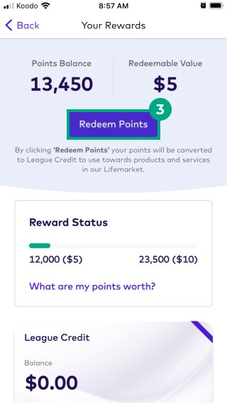 Your rewards screen with the redeem points button highlighted