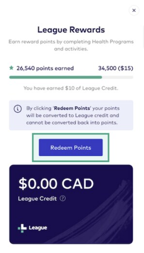 Rewards screen with the redeem points button highlighted