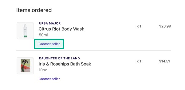 Contact seller button highlighted on the items ordered pahe
