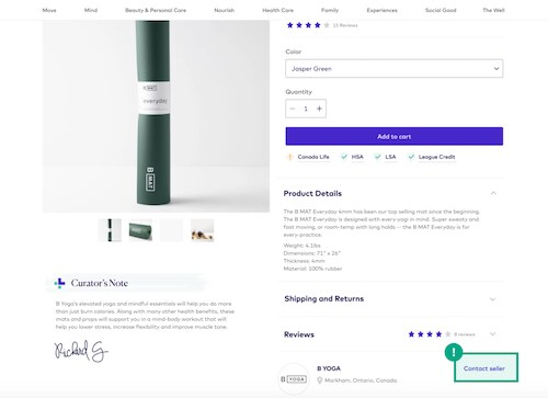 contact seller button highlighted in the product page