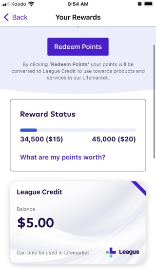 Your rewards screen on the League app