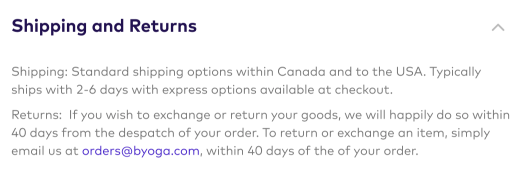 Shipping and returns instructions screen