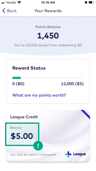 Your rewards screen on the League app with League credit balance highlighted