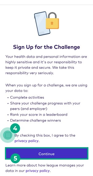 Sign up for a challenge data disclaimer screen with checkbox and continue button highlighted