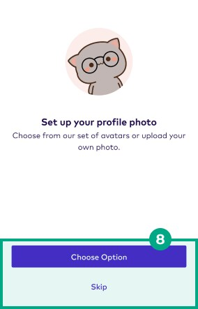 Challenge profile photo screen with choose option and skip buttons highlighted