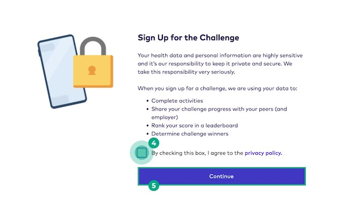 Challenge data disclaimer screen with the checkbox and continue button highlighted