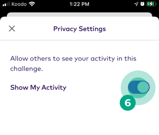Privacy settings screen with the show my activity toggle button highlighted