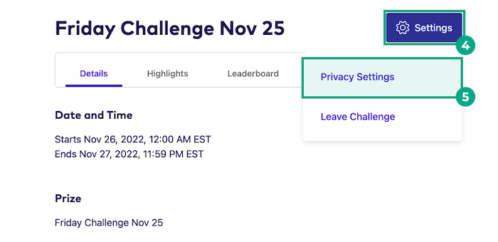 Challenge details screen with the setting and privacy settings buttons highlighted
