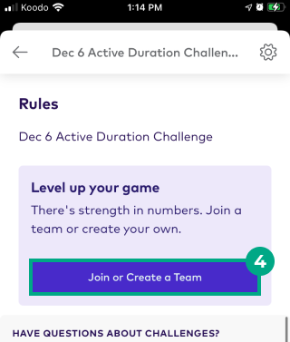 Challenge screen with join or create a team button highlighted