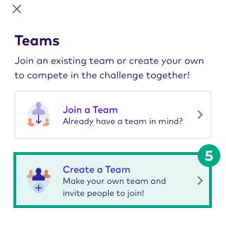 Team screen with create a team button highlighted