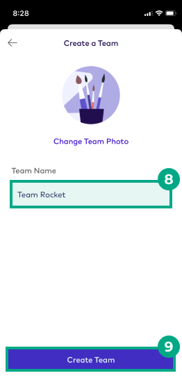 Create a team screen with the team name field and create a team button highlighted