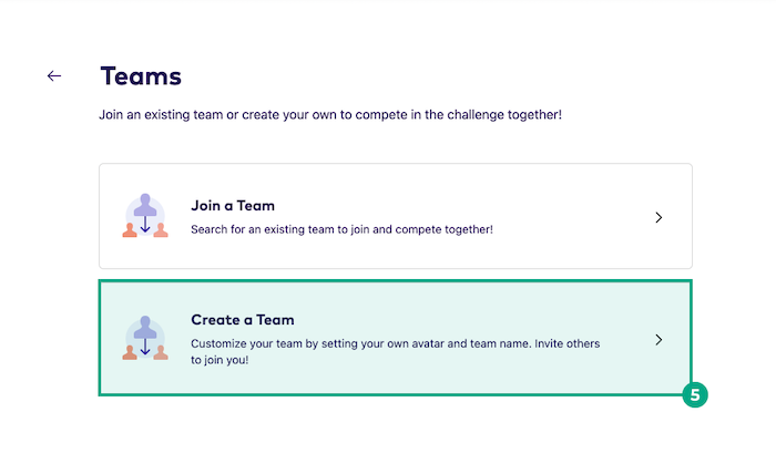 Team screen with the create a team button highlighted