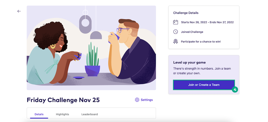 Challenge details screen with the join or create a team button highlighted