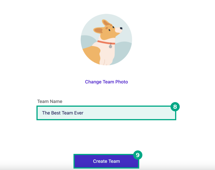 Create a team screen with the team name field and create a team button highlighted