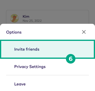 Options menu with invite friends button highlighted