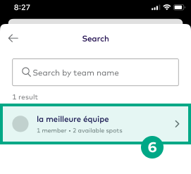 Search results with a team name highlighted