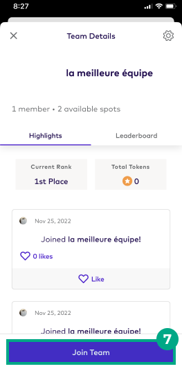 Team details screen with join team button highlighted
