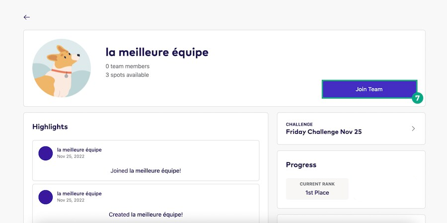 Challenge team details screen with the join team button highlighted