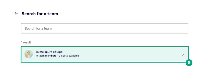 Search for a team screen with a team result highlighted
