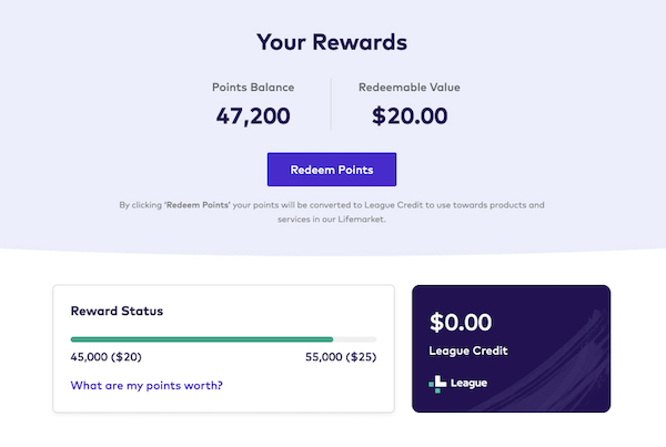 Your Rewards page on the League website