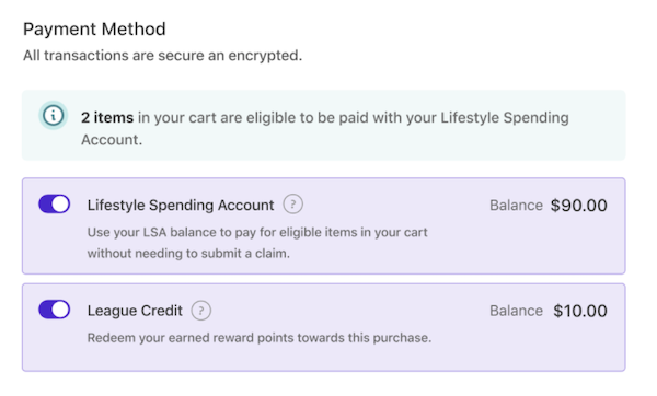 Payment Method section of the Checkout page on Lifemarket