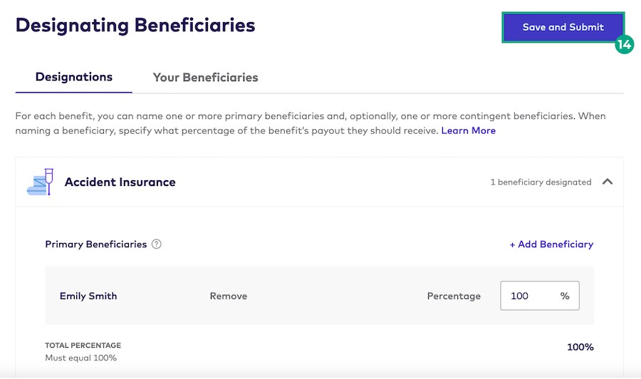 Designating Beneficiaries page on the League website with the save and submit button highlighted