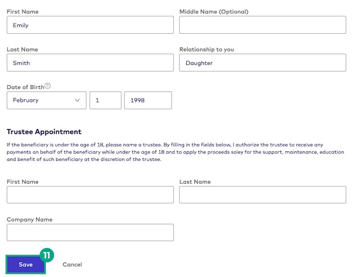 Trustee appointment screen with the save button highlighted on the League website