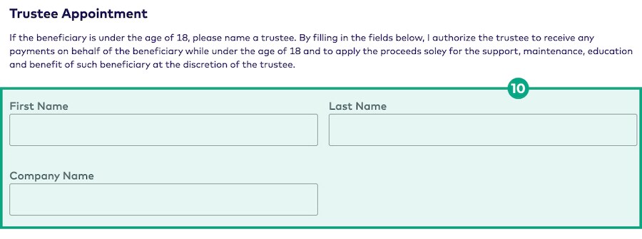 Trustee appointment screen with trustee details fields highlighted
