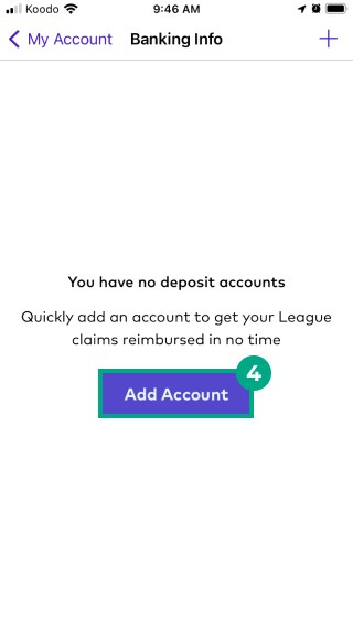 Banking info screen on the League app with add account button highlighted