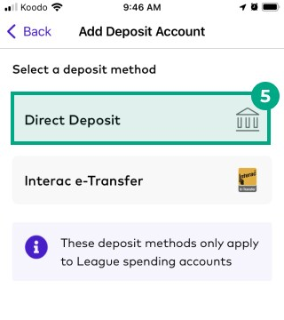 Add deposit account screen on the League app with direct deposit option highlighted