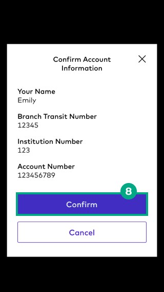 Confirm direct deposit account information screen with the confirm button highlighted on the league app
