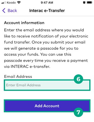 Interac e-transfer screen on the league app with email address field and add account buttons highlighted