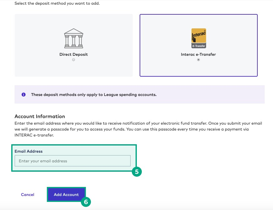 Interac e-transfer screen on the league website