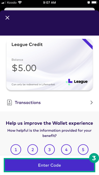 league credit screen on the League app with enter code highlighted