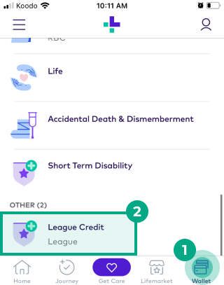wallet screen on the League app with wallet and league credit buttons highlighted