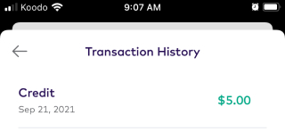Credit transaction history screen on the League app 