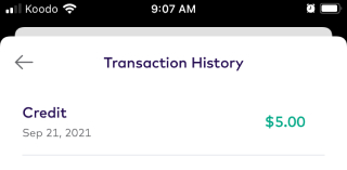 Credit transaction history screen on the League app