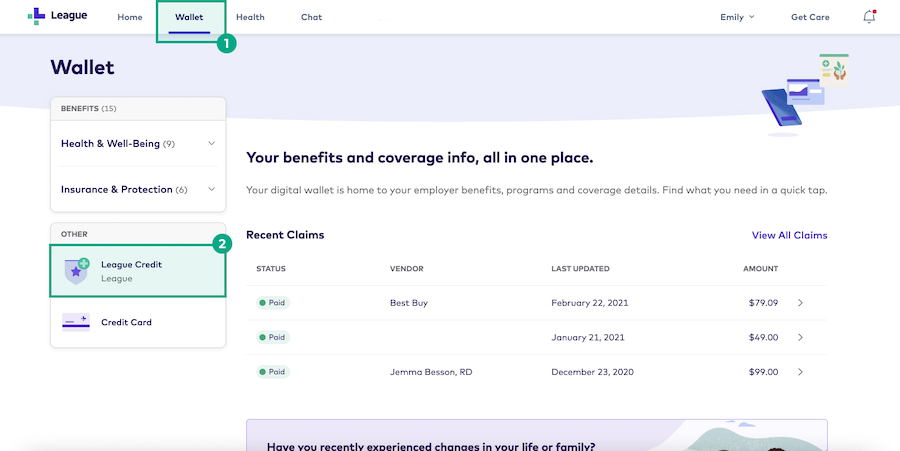Wallet screen on the League website with wallet and league credit buttons highlighted